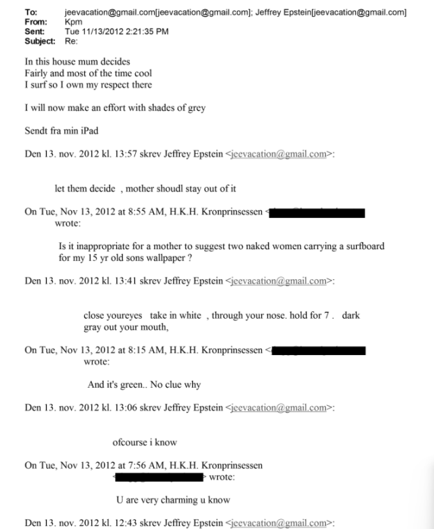 Noorse Kroonprinses had seksueel getint contact met Epstein