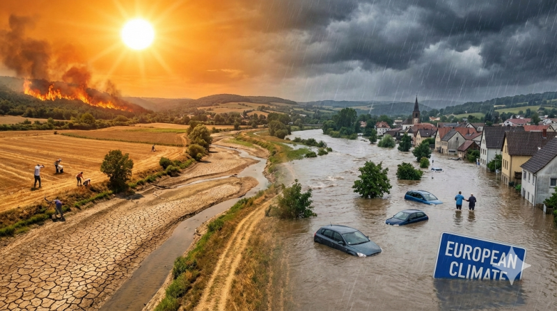 Extreem weer door klimaatverandering in Europa (@Gemini-AI-impressie) Extreem weer door klimaatverandering in Europa (@Gemini-AI-impressie)