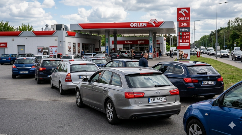 Duitsers in de rij voor een Pools tankstation {@Gemini-AI-impressie) 
