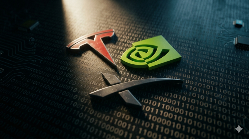 Elon Musk ontwikkelt AI5 chip verder maar bestelt  Nvidia processors (@Gemini-AI-impressie) 