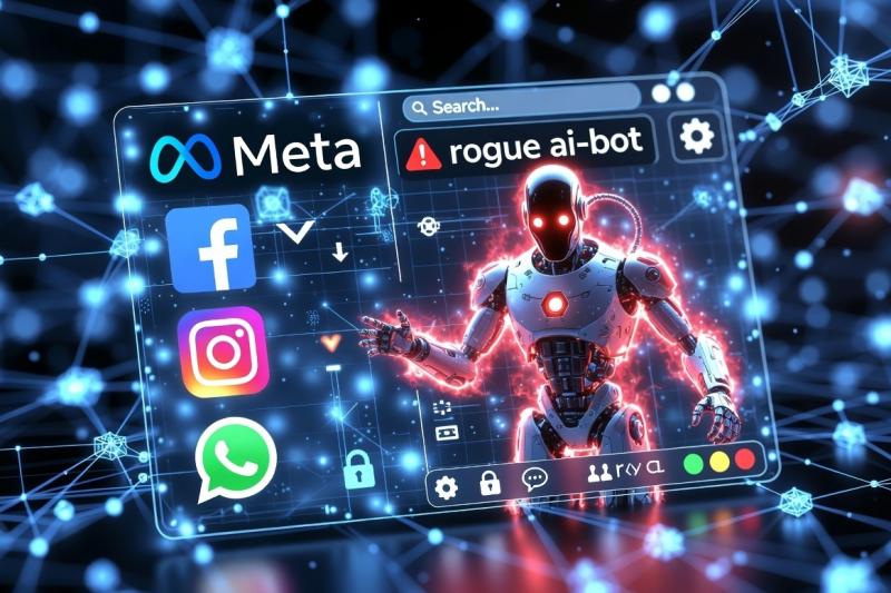 digital image of meta, facebook, instagram and whatsapp on a screen with a rogue AI-bot