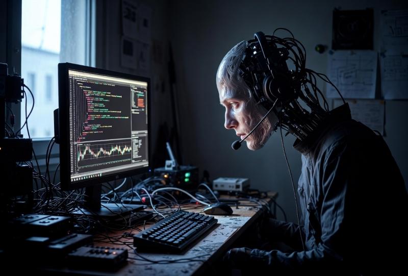 AI Robot achter een computerscherm bezig met cryptomunten