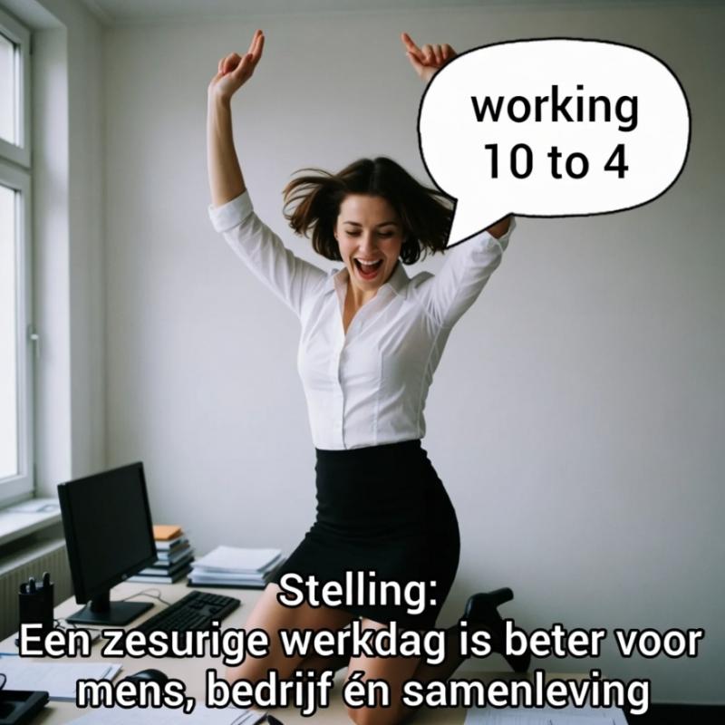 Secretaresse die danst op haar bureau en 'working 10 to 4' zingt