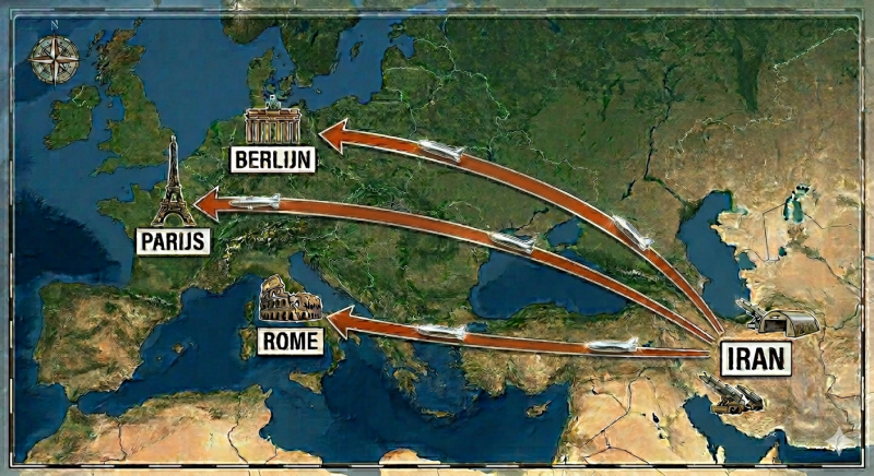 Europese hoofdsteden in bereik van Iraanse raket (@Gemini-AI-impressie landkaart) Europese hoofdsteden in bereik van Iraanse raket (@Gemini-AI-impressie landkaart)