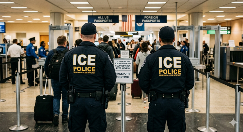 ICE-agenten op Amerikaanse luchthaven (@Gemini-AI-impressie) 