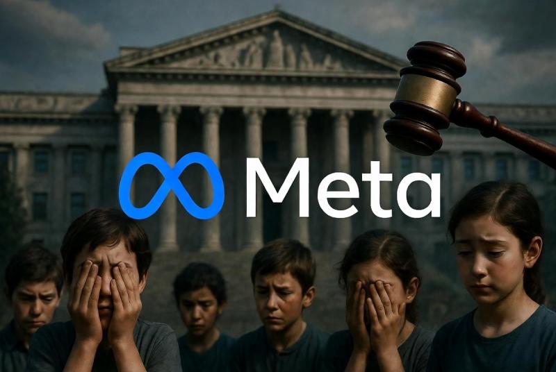 Meta logo, rechtbank en kinderen symboliseren dat Meta een boete moet betalen