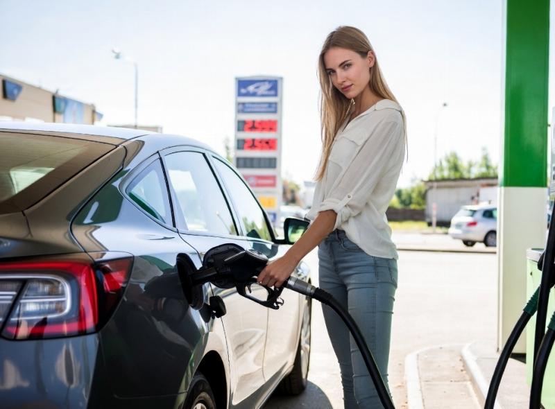 Blonde vrouw tankt benzine aan de pomp met een prijs van 2.599 per liter