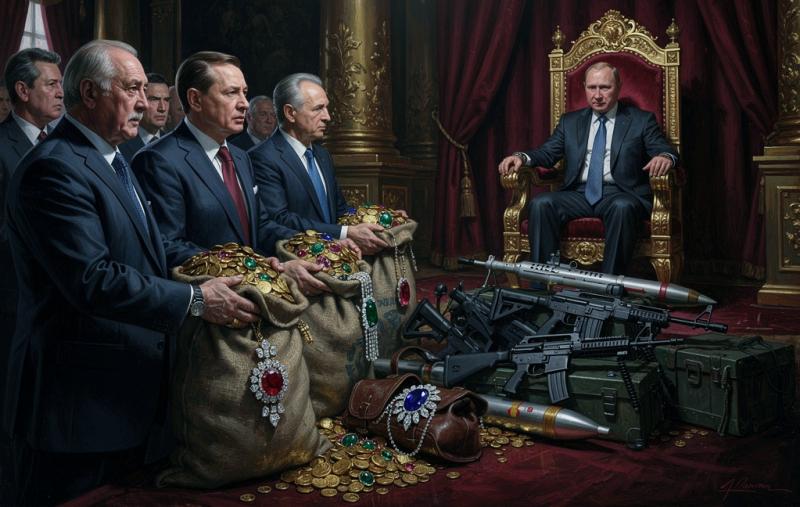Poetin dwingt Russische oligarchen tot miljardenbijdragen aan oorlogskas (@Fal.AI Impressie) Poetin dwingt Russische oligarchen tot miljardenbijdragen aan oorlogskas (@Fal.AI Impressie)