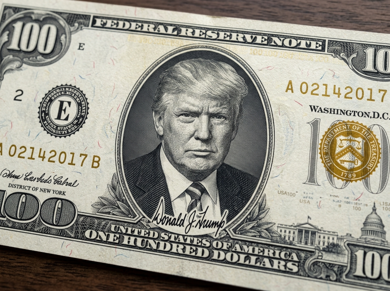 Trump plaatst zijn handtekening op nieuwe dollarbiljetten (@ Fal-AI-imopressie)