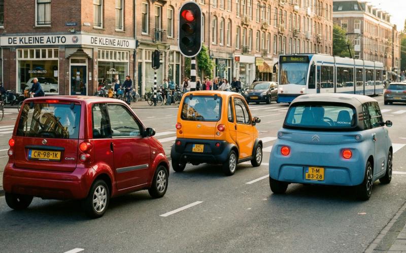 Mini-auto's in een drukke stad (@Gemini-AI-impressie)