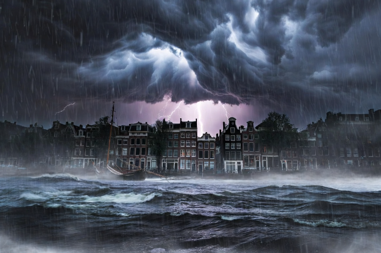 Extreem weer in Amsterdam (Afbeelding: Grok AI / FOK.nl)