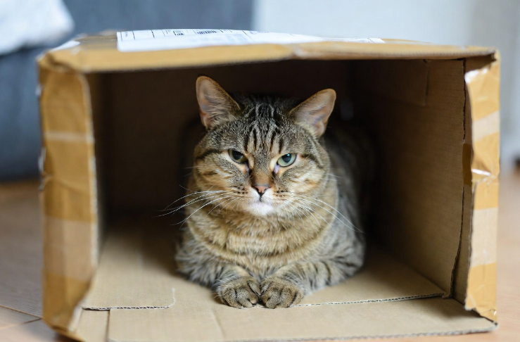 Kat ligt in een geopend postpakket en kijkt in de camera