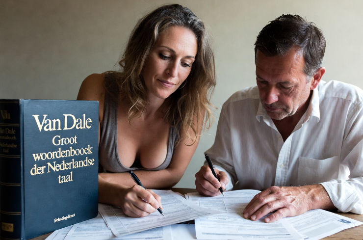 Stel heeft dikke van Dale nodig voor belastingaangifte (Afbeelding: Grok AI / FOK.nl)