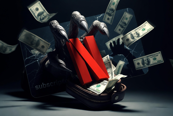 Gready dark hand grabbing the Netlix logo, surrounded by dollar bills