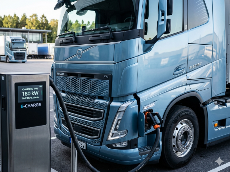 E-truck aan laadpaal (@Gemini-AI-impressie) 