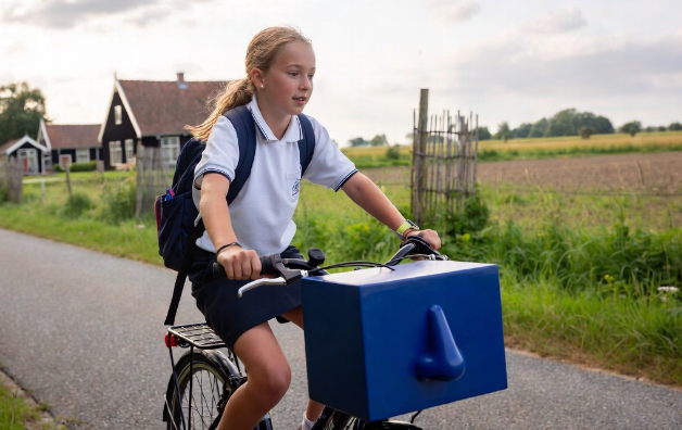 meisje op fiets onderweg naar school langs een boerderij. aan het stuur hangt een blauw kastje met een neus erop.