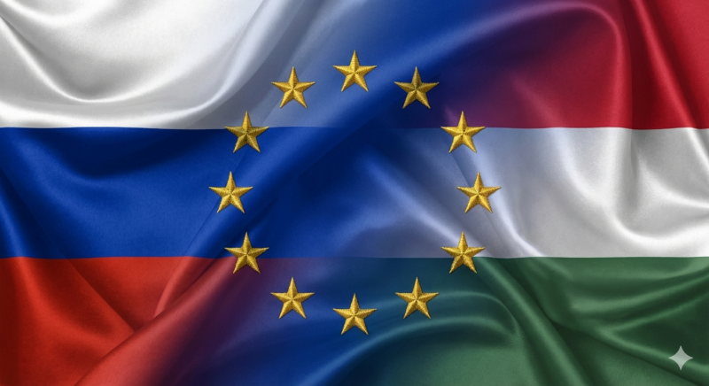 Vlaggen Rusland, EU en Hongarije (@Gemini-AI-impressie) 