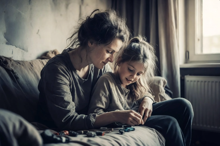 Bijstandsmoeder en dochter spelen samen op een bank