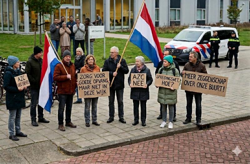 Kleinschalige demonstratie bij een AZC (@Gemini-AI-impressie) 
