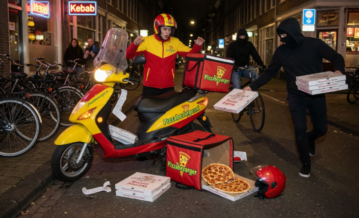 Pizzabezorger die door gemaskerde mannen van zijn pizza's wordt beroofd Pizzabezorger die door gemaskerde mannen van zijn pizza's wordt beroofd
