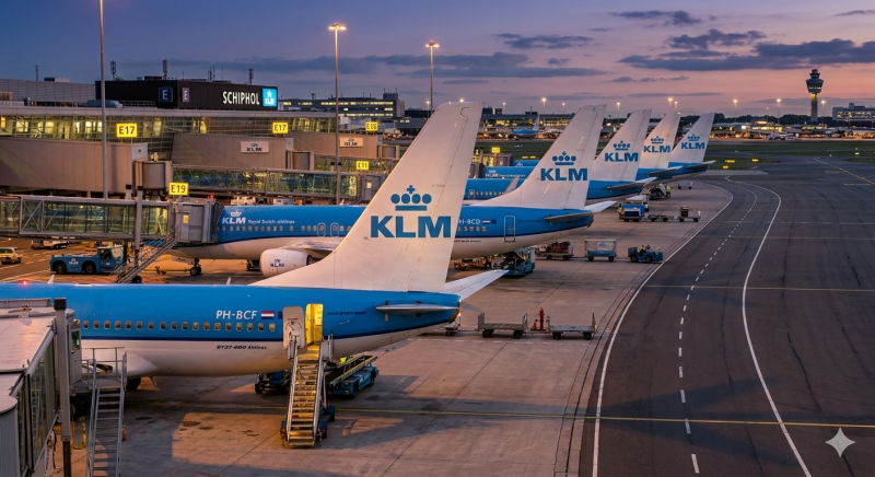KLM-vliegtuigen aan de grond (@Gemini-AI-impressie) 