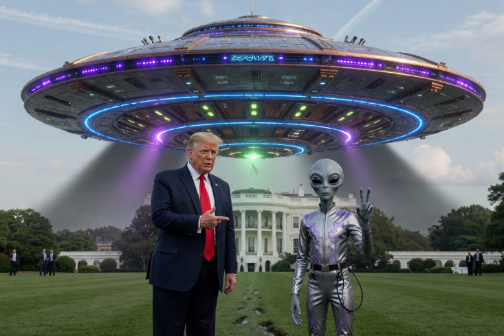 Trump met een buitenaards wezen voor het witte huis onder een ruimteschip (Afbeelding: Grok AI / FOK.nl)