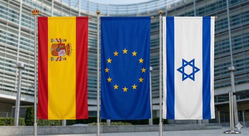 Vlaggen Spanje, EU en Israel (@Gemini-AI-impressie) 