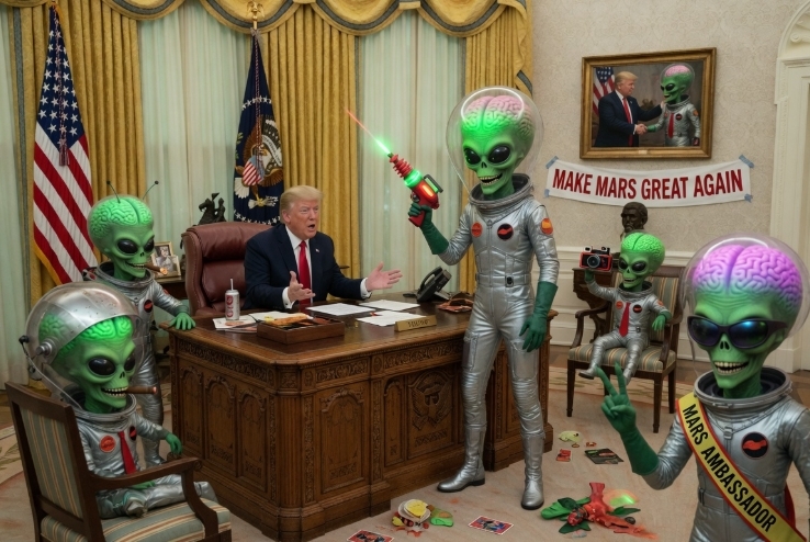 Trump in gesprek met aliens (Afbeelding: Grok AI / FOK.nl) Trump in gesprek met aliens (Afbeelding: Grok AI / FOK.nl)