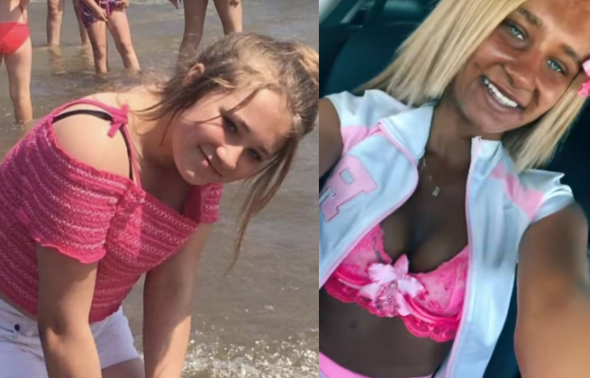 Twee keer hetzelfde meisje. Links v&oacute;&oacute;r het zonnebanken, rechts erna (afbeeldingen: Socials)