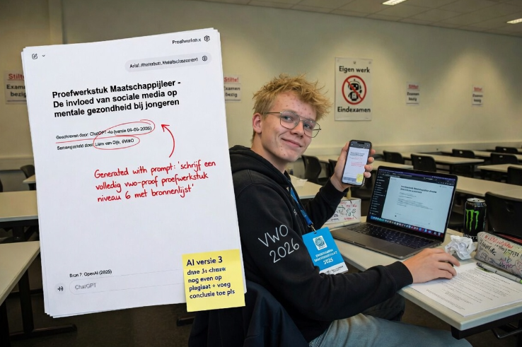VWO leerling die zijn proefwerkstuk door ChatGPT laat schrijven (Afbeelding: Grok AI / FOK.nl)