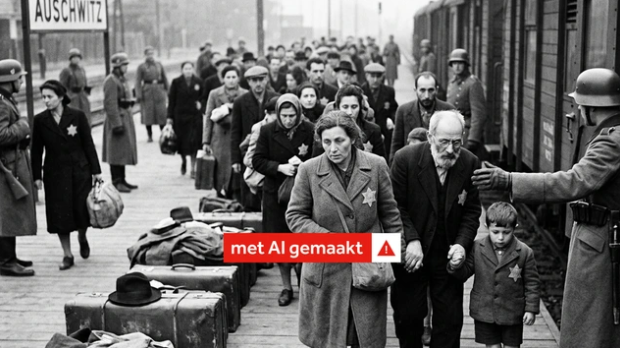 Een nepfoto waarop Joden rustig uit de trein stappen, zoals gebruikt door Gijs Korenblik. Gecre&euml;erd door Google Gemini