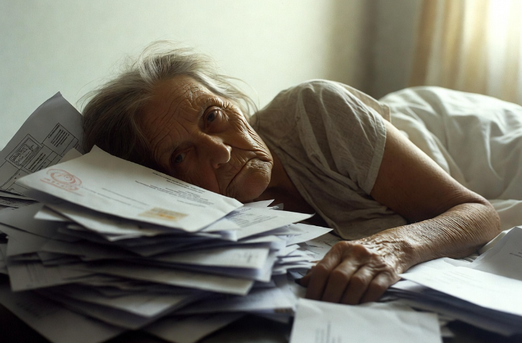 Zieke vrouw met torenhoge rekeningen vanwege kabinet (Grok AI / FOK.nl)