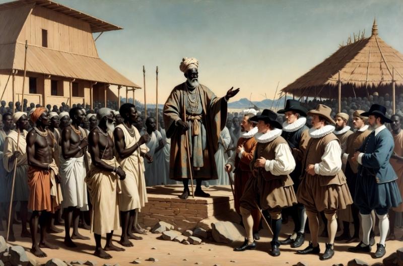 Slavenhandelaar verkoopt slaven aan blanke Europeanen omstreeks 1650 (Grok AI / FOK.nl)