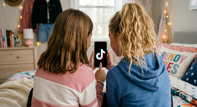 Meisjes kijken op TikTok (@Gemini-AI-impressie) 