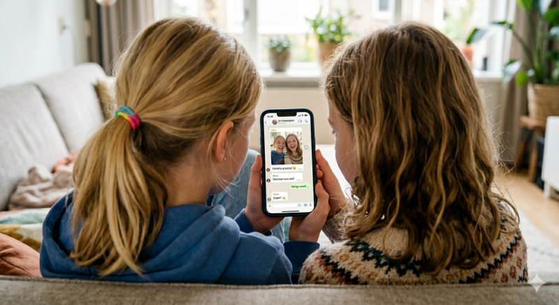 Meisjes delen persoonlijke informatie op een WhatsApp kanaal (@Gemini-AI-impressie) 