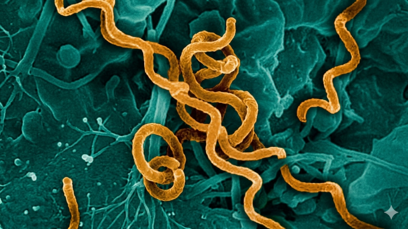 De bacterie Treponema pallidum, de veroorzaker van syfilis (@Gemini-AI-impressie) 