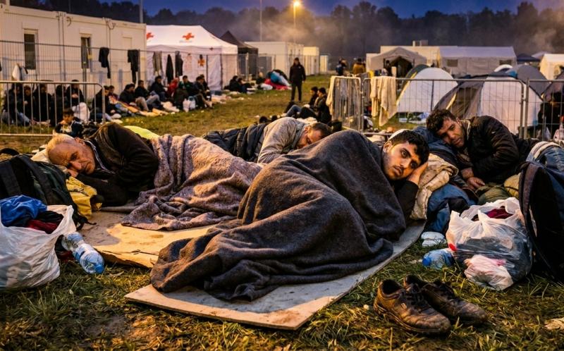 Overvol AZC, asielzoekers dreigen in het gras te moeten slapen (@Gemini-AI-impressie) 