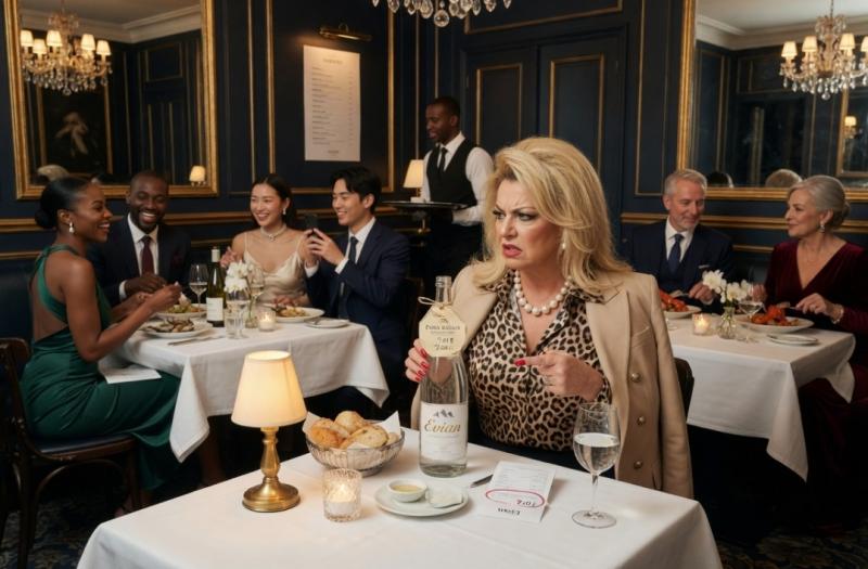Vrouw moet betalen voor water en is boos (Afbeelding: Grok AI / FOK.nl)