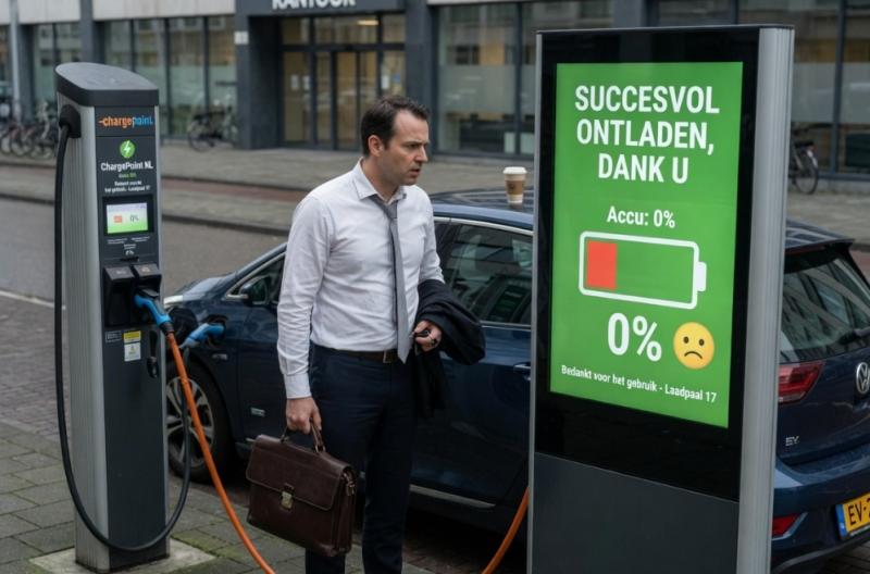 Auto succesvol ontladen na een nachtje aan de lader (Grok AI / FOK.nl)