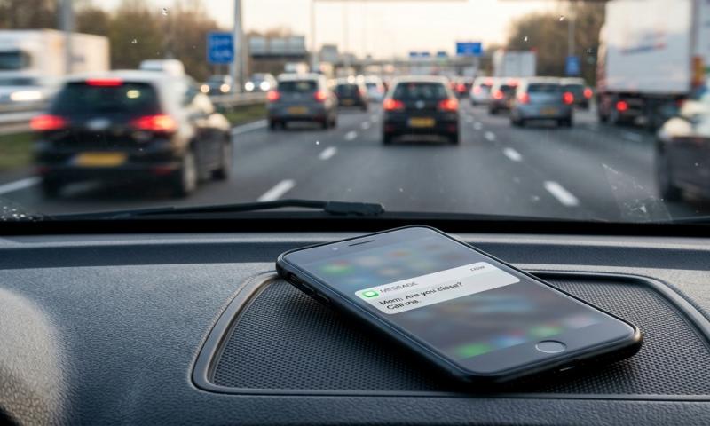Op de weg afgeleid door mobiele telefoon (@Gemini-AI-impressie) 