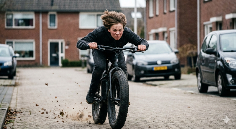 Racen op een fatbike (@Gemini-AI-impressie) Racen op een fatbike (@Gemini-AI-impressie)