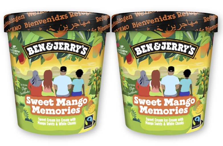 Ben & Jerry's met 'Vluchtelingen Welkom' tekst en bijbehorende afbeelding (Foto: AH) Ben & Jerry's met 'Vluchtelingen Welkom' tekst en bijbehorende afbeelding (Foto: AH)