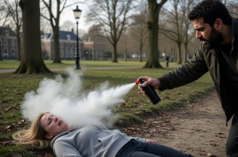 AI Impressie van een vrouw aangevallen met haar eigen pepperspray (Grok AI / FOK.nl) AI Impressie van een vrouw aangevallen met haar eigen pepperspray (Grok AI / FOK.nl)