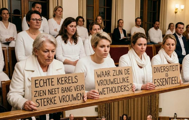 Vrouwen protesteren tegen geheel mannelijk college (@Gemini-AI-impressie) 