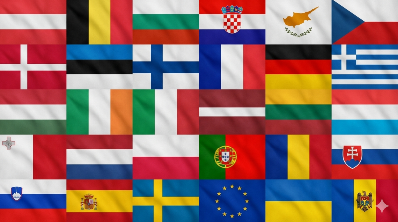 Vlaggen leden EU aangevuld met de vlaggen van Oekraine en Moldavie (@Gemini-AI-impressie) 