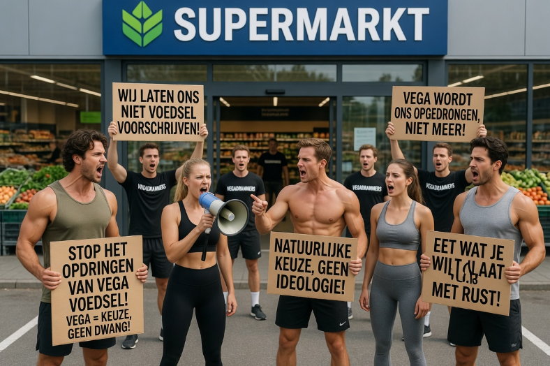Vleeseters protesteren tegen vegadrammen (Afbeelding: Grok AI / FOK.nl) Vleeseters protesteren tegen vegadrammen (Afbeelding: Grok AI / FOK.nl)
