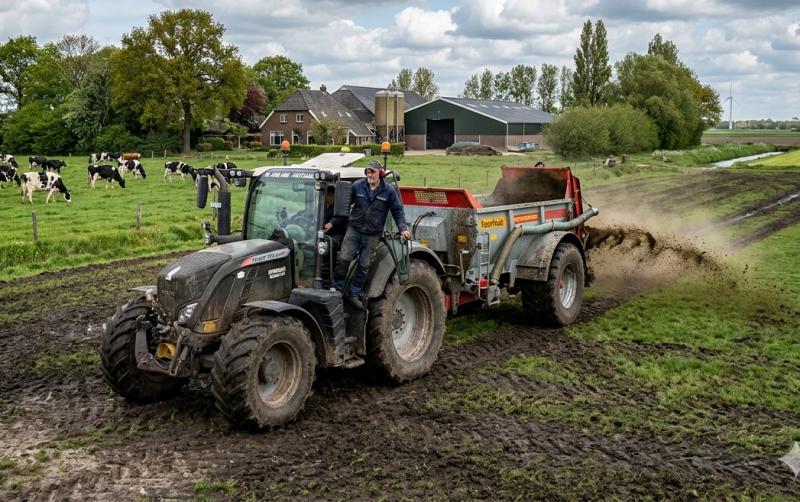 Boer strooit mest uit over zijn land (@Gemini-AI-impressie) 