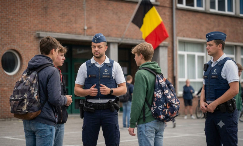 Belgische agenten ondervragen scholieren (@Gemini-AI-impressie) 