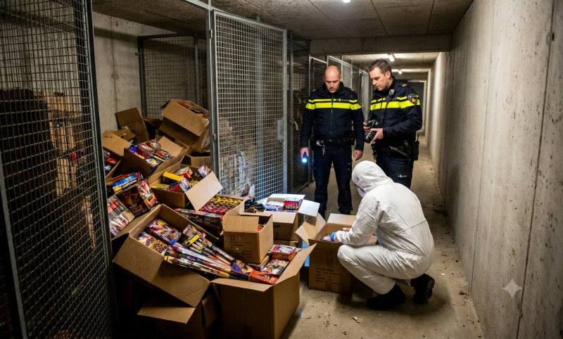 Illegale vuurwerkopslag in kelderbox (@Gemini-AI-impressie l