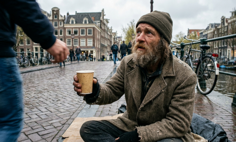 Aan het bedelen in Amsterdam (@Gemini-AI-impressie) 